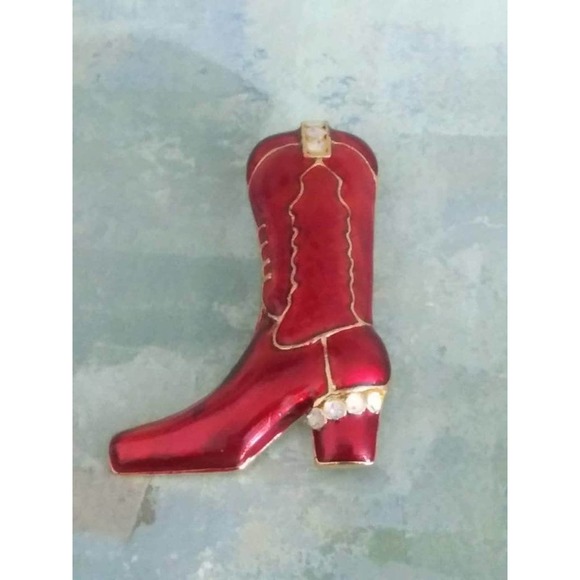 Vintage Red & Gold Bling Cowgirl Boot Brooch (jb2) - Picture 1 of 3